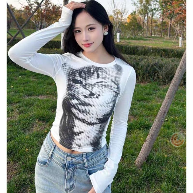 2KWEIRD Harajuku Mosaik Katt Tryck Kort Topp Casual Basisk Långärmad T-shirts Rund Hals Tight Passform T-shirts Y2K