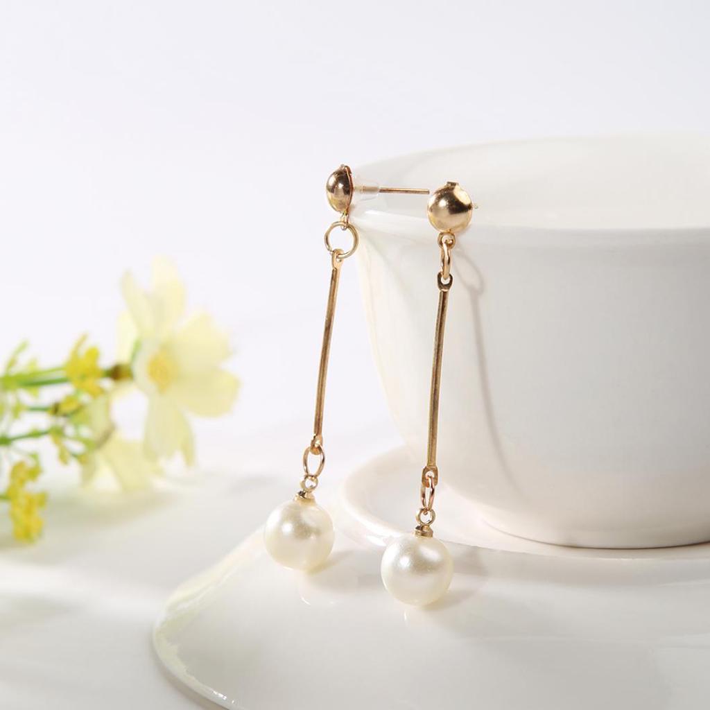 1Pair Women's Fashion Elegant Gold Plated Long Bar Faux Pearl Drop Earrings