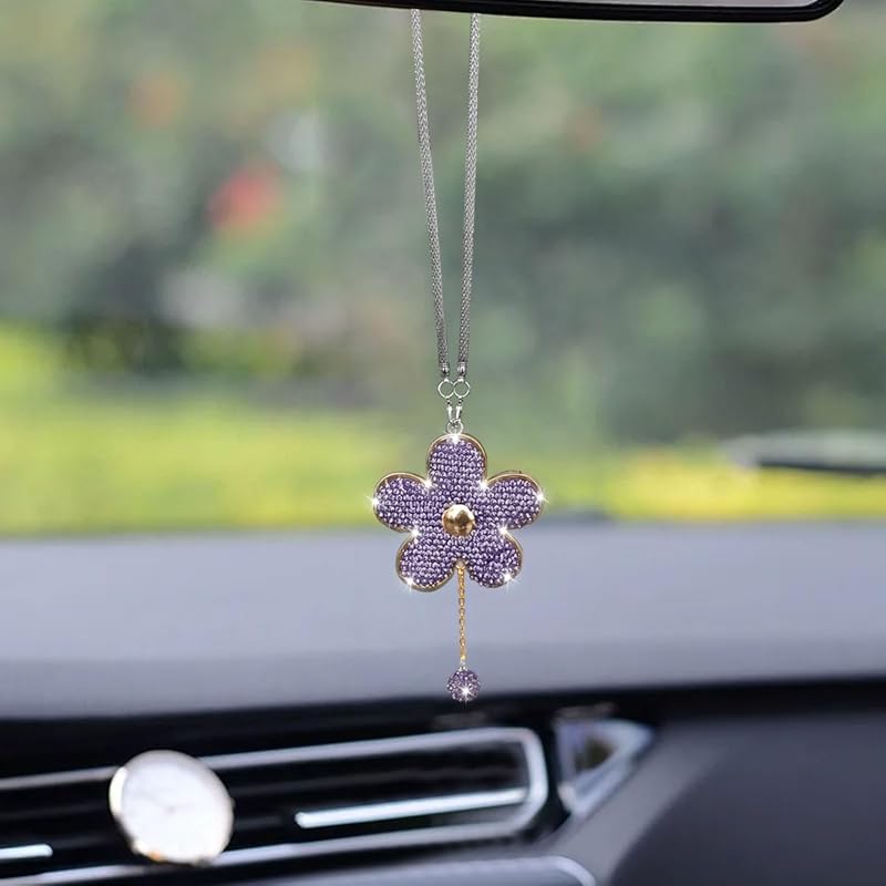 Bling Car Hanging Charm Accessories, Crystal Flower Car Rear View Mirror Pendant Decoration, Car Interior Ornament Accessories for Women Girls