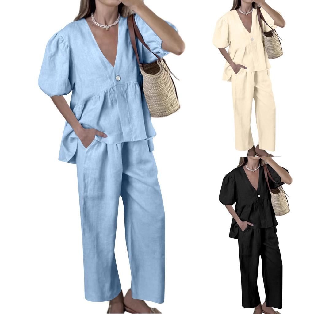 Women's 2 Piece Outfits Sets Ruched Short Sleeve Tops  Wide Leg Pants Tracksuit Sets