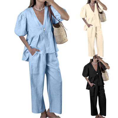 Women's 2 Piece Outfits Sets Ruched Short Sleeve Tops Wide Leg Pants Tracksuit Sets