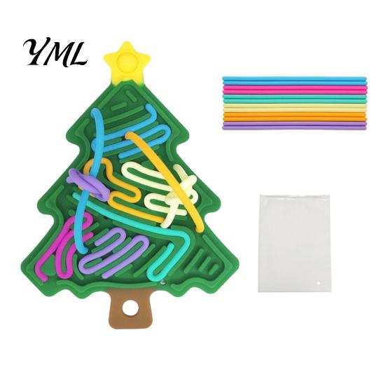 Toddlers Sensory Toys Silicone Activity Board, Christmas Tree Rainbow Ice Stick French Fries Stress Relief Tools Board with Strings, Silent Fidget Toy
