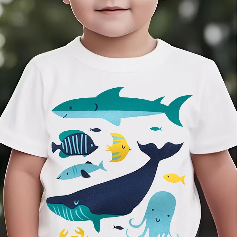 

Easter Summer Boys Fashion Cotton Short Sleeved T-shirt Whale Jellyfish Shark, Crab and Other Printed Outdoor Casual Top 100cm
