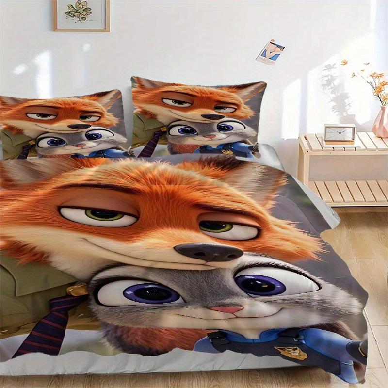 

3pcs Zootopia Fox and Rabbit Quilt Cover Set - Soft & Comfortable Polyester Fabric, All-Season Breathable Comforter Set For 1 Quilt Cover & 2 Pil 135x200cm