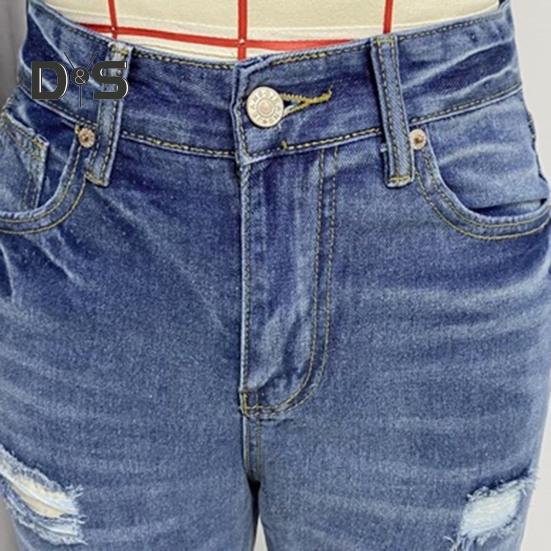 Damen-Jeans mit Taschen, hoher Taille, zerrissen, einfarbig, lange Hose, gerade Hose mit weitem Bein für den täglichen Weg zur Arbeit