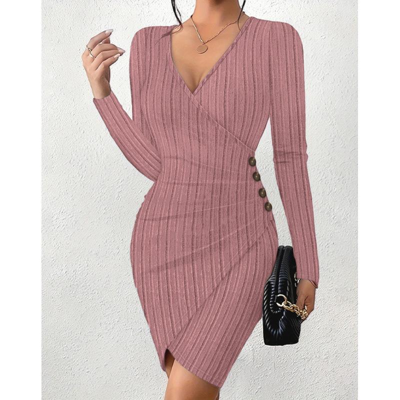 Autumn And Winter Solid Color V-Neck Tight-Fitting Hip-Wrapped Slim-Fitting Sexy Long-Sleeved Dress For Women