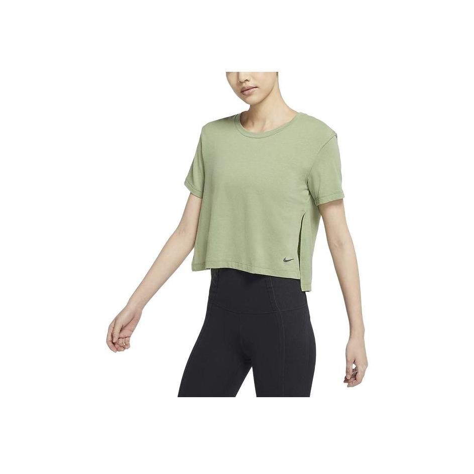 Nike Yoga Dri-FIT Solid Side Slit Running Crew Neck Short Sleeve T-Shirt Women Tops Oil-Green DM7026-386