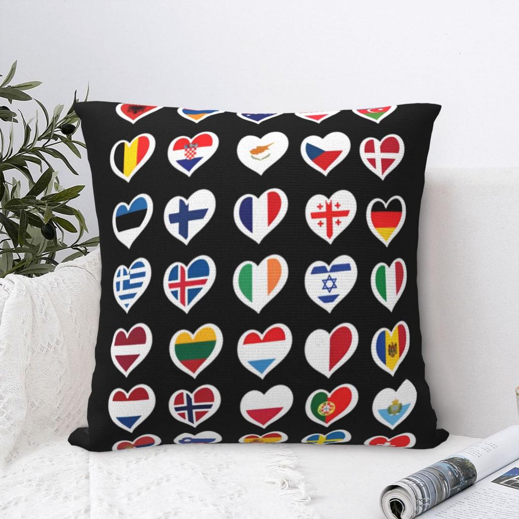 Concours Eurovision de la Chanson Drapeaux Cœurs Esc Ebu Eurofans Taie d'Oreiller Housse de Coussin Musical Décoration Taie d'Oreiller Pour Voiture 45X45Cm