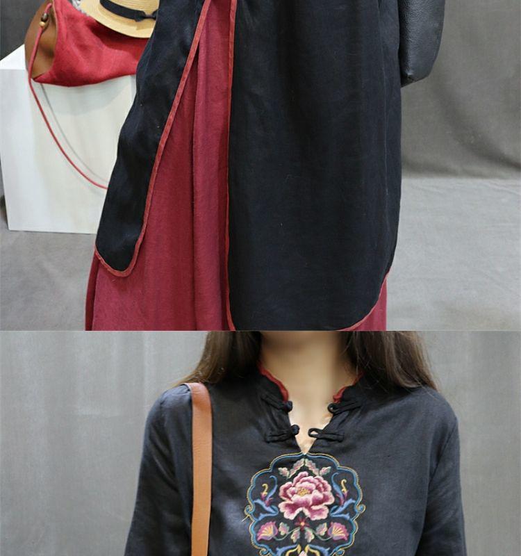 Embroidered Cotton Linen Cheongsam: Mid-Length Ethnic Summer Dress