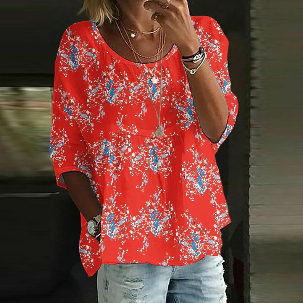 Top casual de damă cu mâneci trei sferturi, larg, cu gât rotund și imprimeu floral