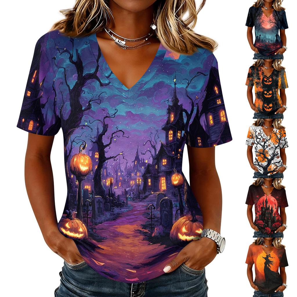 Womens Casual Short Sleeve V Neck Pullover Top Halloween Graveyard Print Lightweight Soft Fabric Tee Shirt