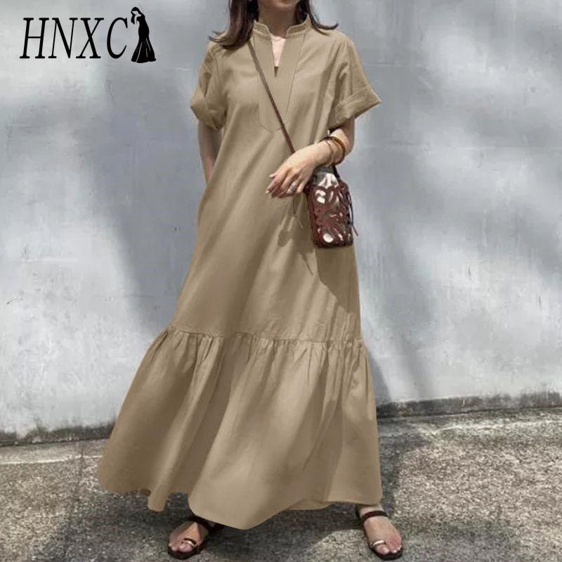 HNXC S-5XL Summer Casual Solid Color Women Long Dress V Neck Short Sleeve