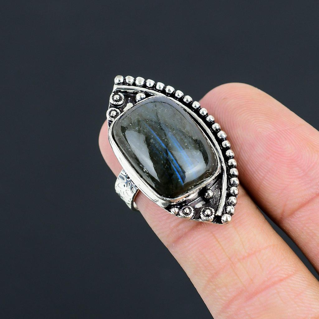 925 Silver Natural Labradorite Promise Birthday Third Eye Chakra Ring Size 7.5
