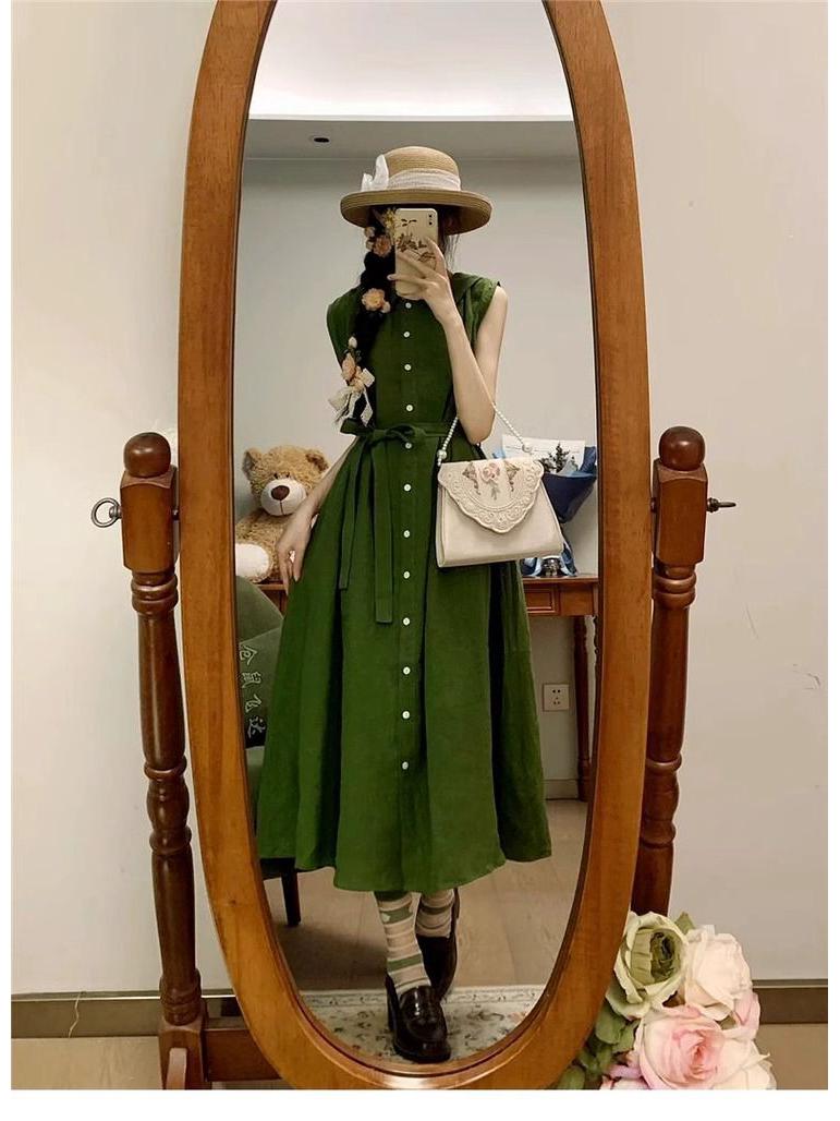 

Зеленое женское летнее платье-рубашка без рукавов - Дизайн высокого класса, Свободный крой, Пояс на завязках, Приталенная длинная юбка Large зелёный