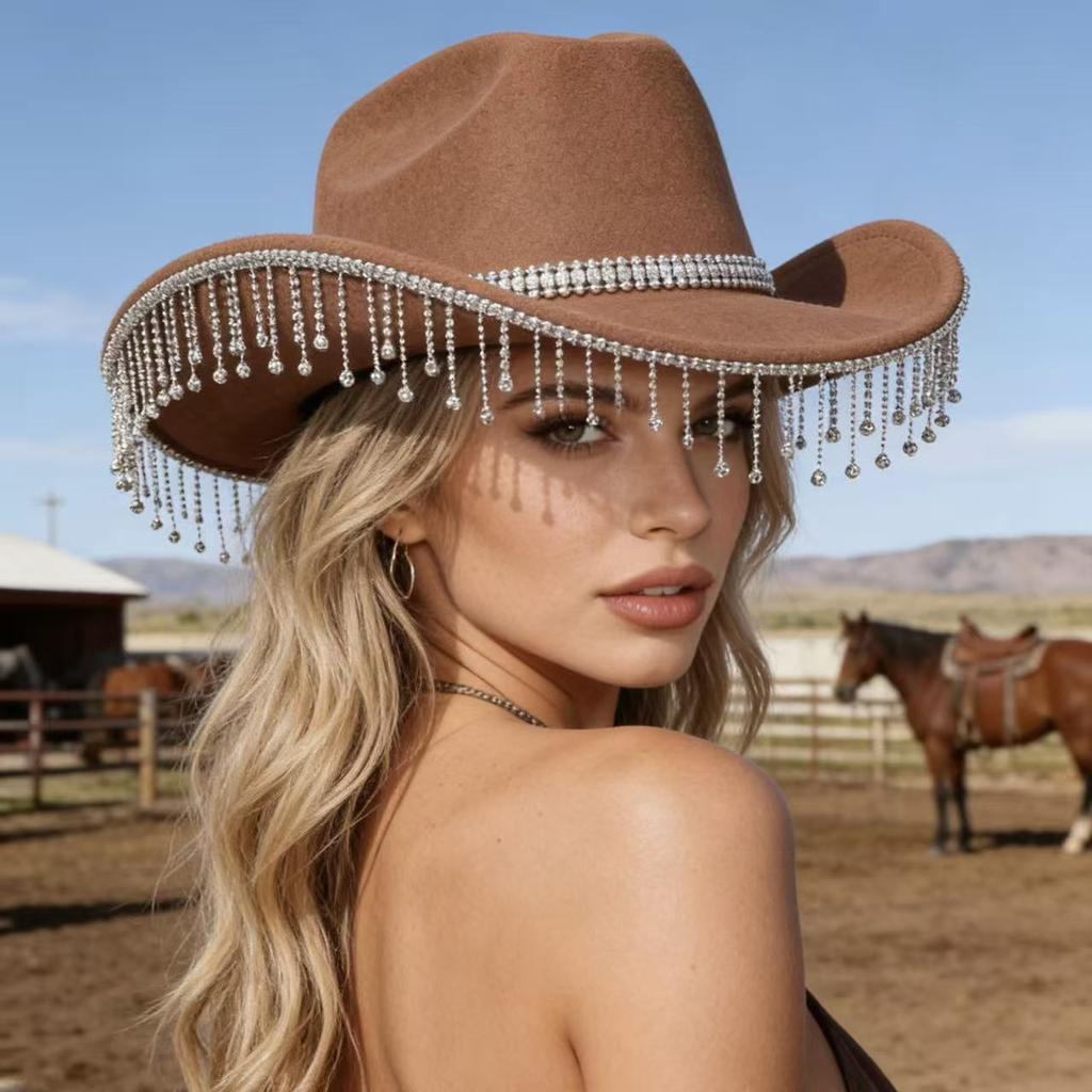 Tassel Felt Western Cowboy Hat Fashion Summer Versatile Hat Hepburn Party French Top Hat