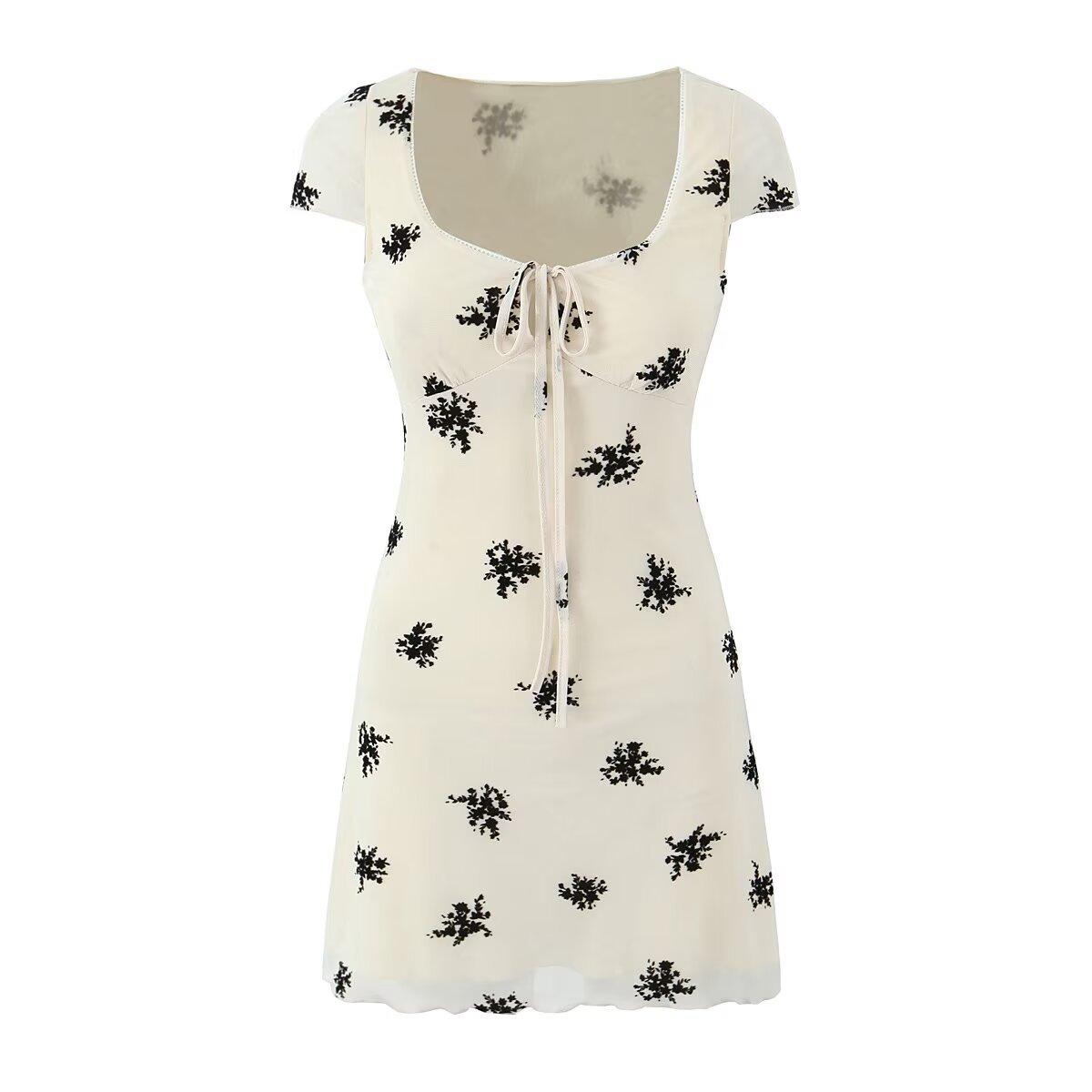 European and American style, new women s clothing, foreign style, classic, versatile French floral lace-up dress S абрикосовый