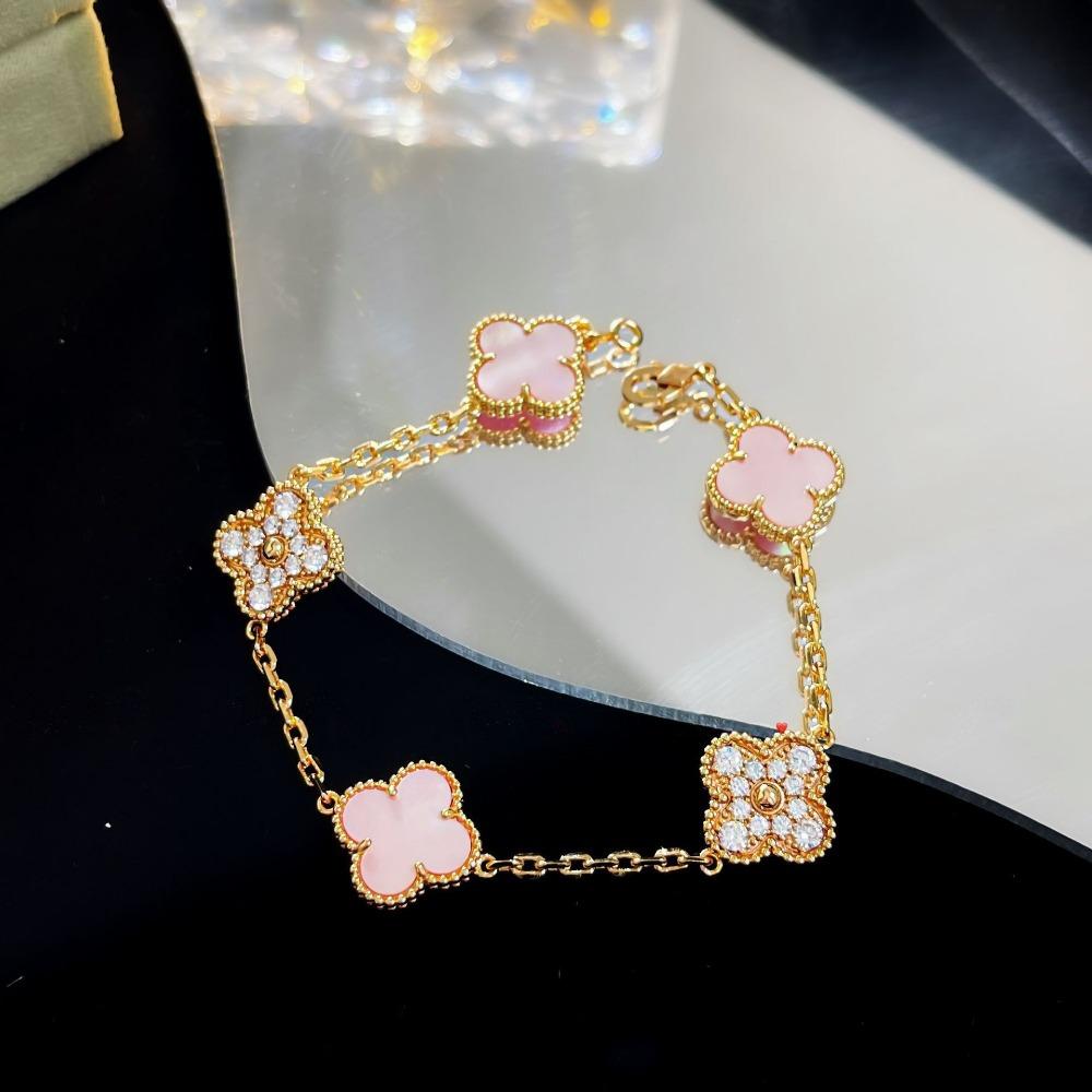 Bracelet Trèfle à Quatre Feuilles Version Haute Cinq Fleurs Calcédoine Violette Naturelle Gravé Laser CNC 18K Ne Se Décolore Pas Bracelet pour Dames