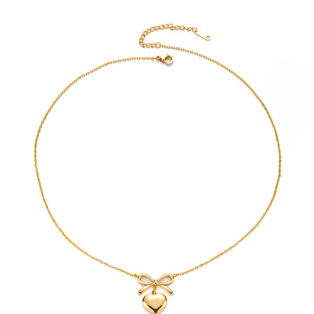 European-American Titanium Heart Bow Necklace: Light Luxury, Colorfast Stainless Steel Clavicle Chain