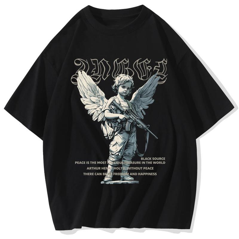 

Angel Gunner Cupid Western Mythology Fun European and American Washed Direct T Shirt Mens and Womens Short sleeved Tshirt S