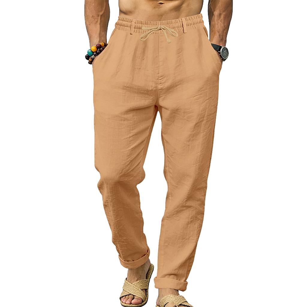 Men's Linen  Loose Fit For Sports  Ideal For Vacation And Commuting  Straight Leg With Drawstring  Long Pants