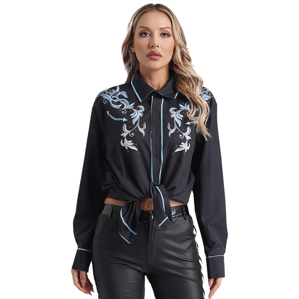 Women Retro Printed Long Sleeved Shirt Summer Holiday Casual Shirts Top Vintage Beach Shirt Cowgirl Cosplay Theme Party Clothing