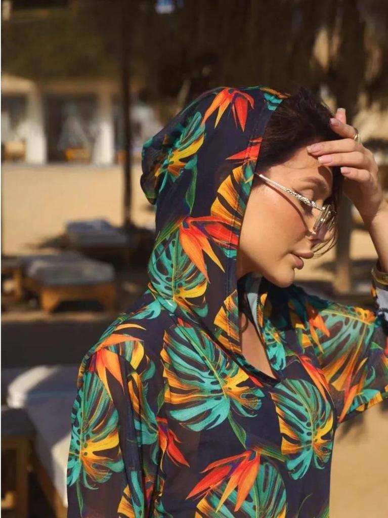 Russian Exclusive Mesh Print Seven-Sleeve Beach Cover-Up Shirt