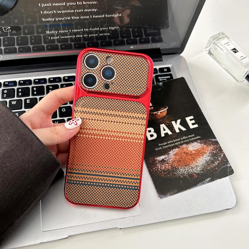 Carbon Fibre Kevlar Texture PC Phone Case For iPhone 17 16 15 14 13 Pro Max Plating Large Window Shockproof Bumper Cover