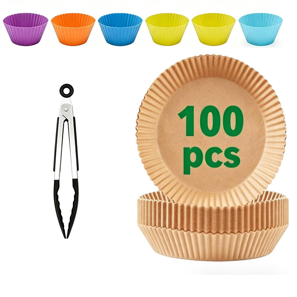 Air Fryer Paper Disposable Non-Stick Liners With Baking Tools: Cake Cups, Brush, Tongs & Gloves For Oven Airfryer Microwave
