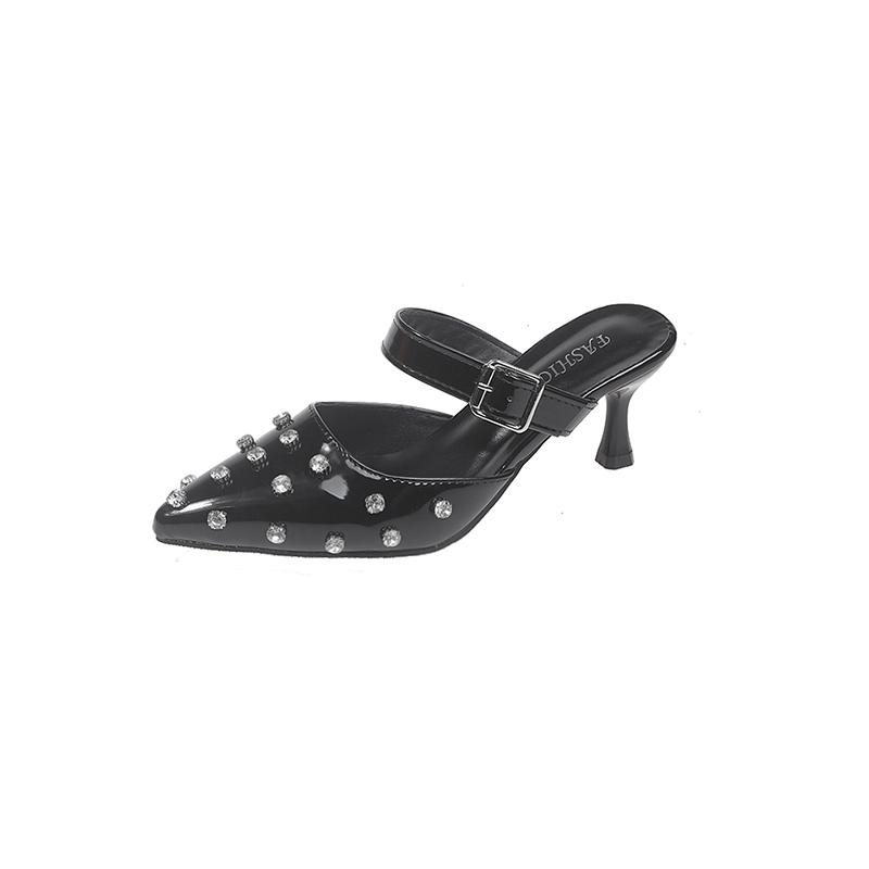 

Мода 2025 Летняя мода Новые сандалии баотоу Женские с острым носом и мелким вырезом Хрустальная пряжка Противоскользящие износостойкие Высокие каблуки 35 чёрный