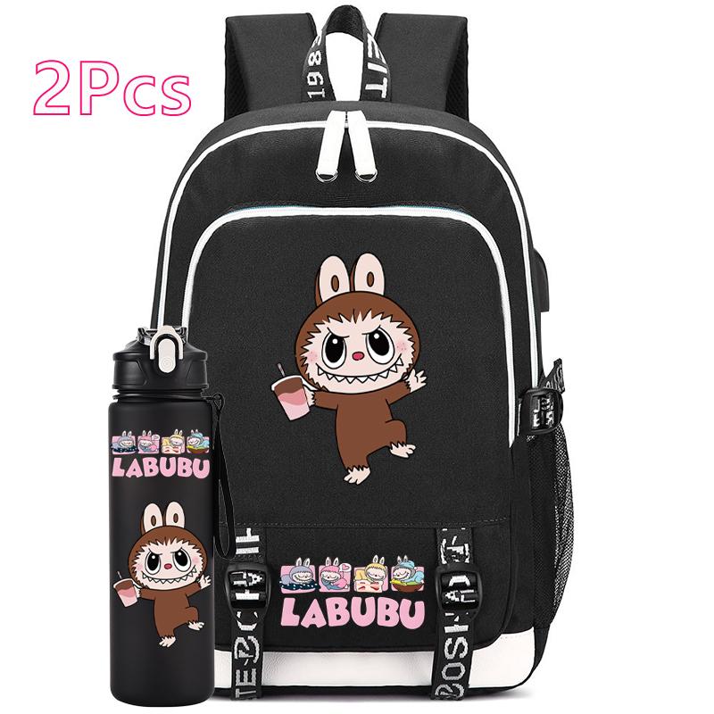 2Pcs/set Anime Cute Printed Backpack with Water Bottle Student Boy Girl Schoolbag Large Capacity Waterproof Bookbag Kid Gift