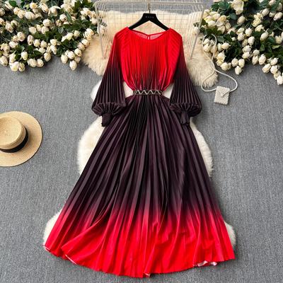 Spring Autumn Gradient Color Oversized Pleated Dress Women Party Holiday Beach Clothing Long Sleeve O Neck Belt Loose Robe