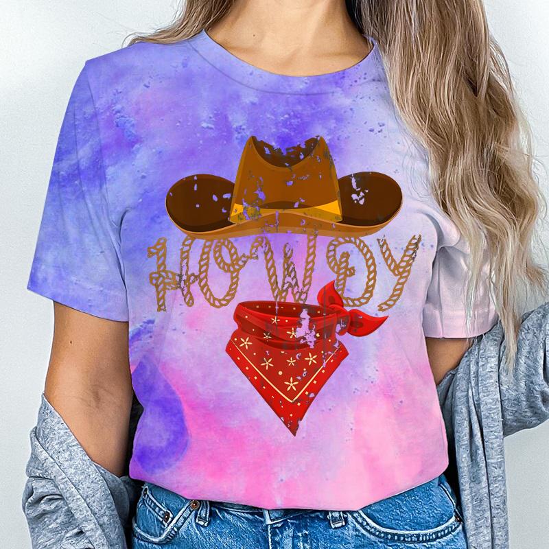 Retro Howdy Cowgirl Print T-shirts For Women Summer Short Sleeve Crew Neck T-shirt Vintage Graphic Tops Tie Dye T-shirts