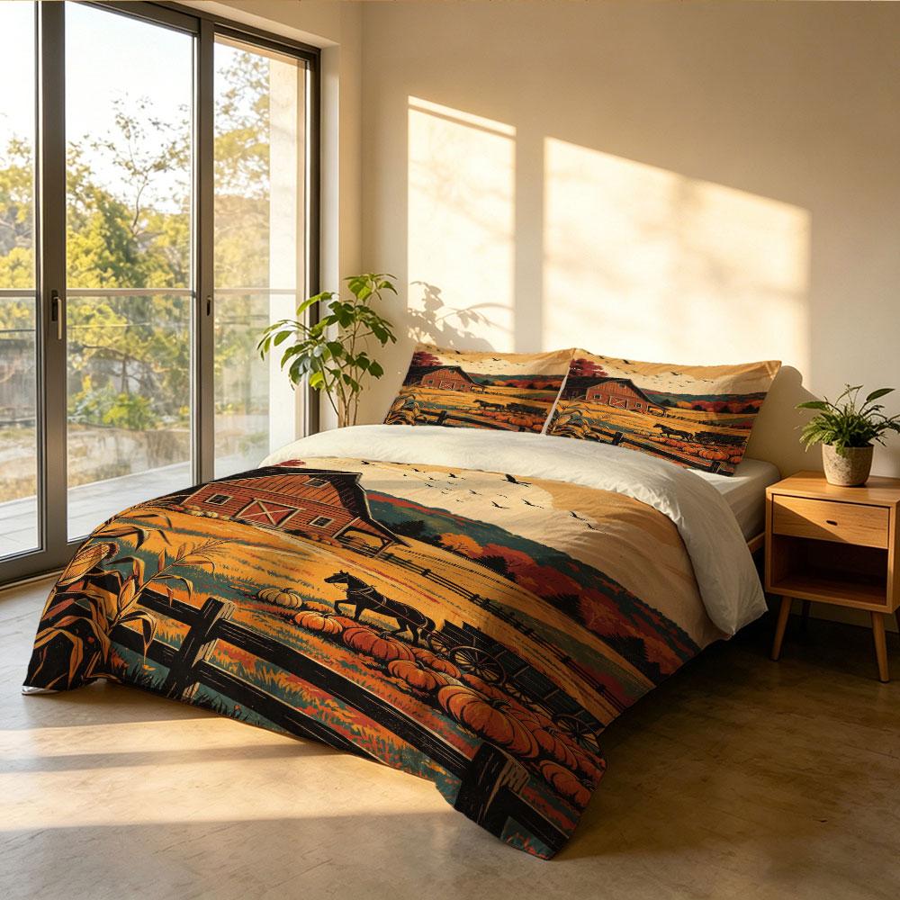 Fall Duvet Cover Set 3Pcs Autumn Farm Pumpkin Barn Horse Sunset Print Soft Microfiber Bedding with Pillowcases