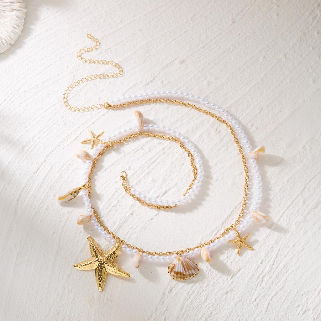 Ocean Series Boho Starfish Conch Pendant Waist Chain for Women Double Layer Imitation Pearl Beaded Belly Chain Body Jewelry