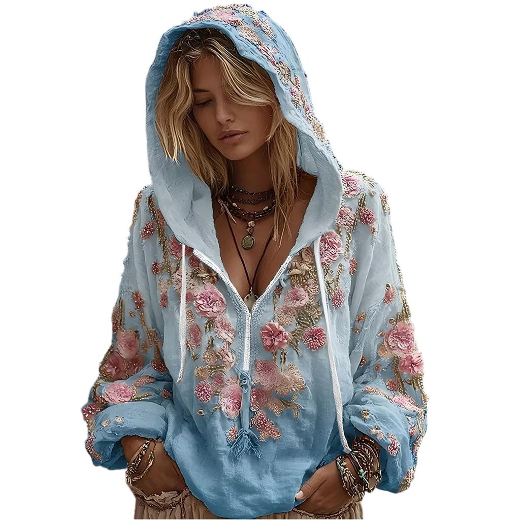 Damenmode Langarm Kapuzenpullover Vintage Blumendruck Lässiges Sweatshirt Oberteil