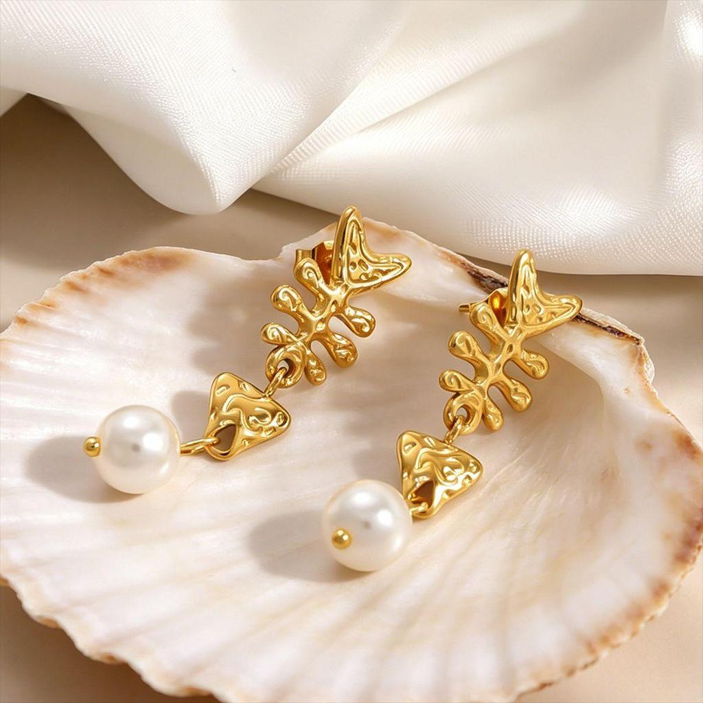 Stainless Steel Fishbone Pearl Tassel Earrings - Non-fading & Waterproof Studs
