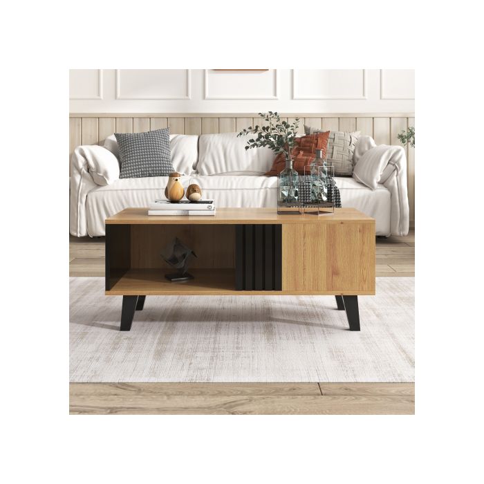 Elégante : 100 x 60 x 45 cm table basse en bois coloré et noir, table basse avec tiroir supplémentaire