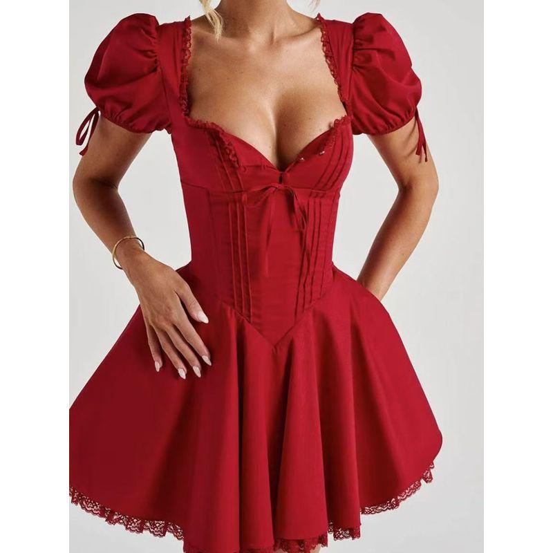 Ballet Hymn Babyboo French Style Sweet Red Square Collar Lace Waist Hugging Slimming Puff Sleeve Dress