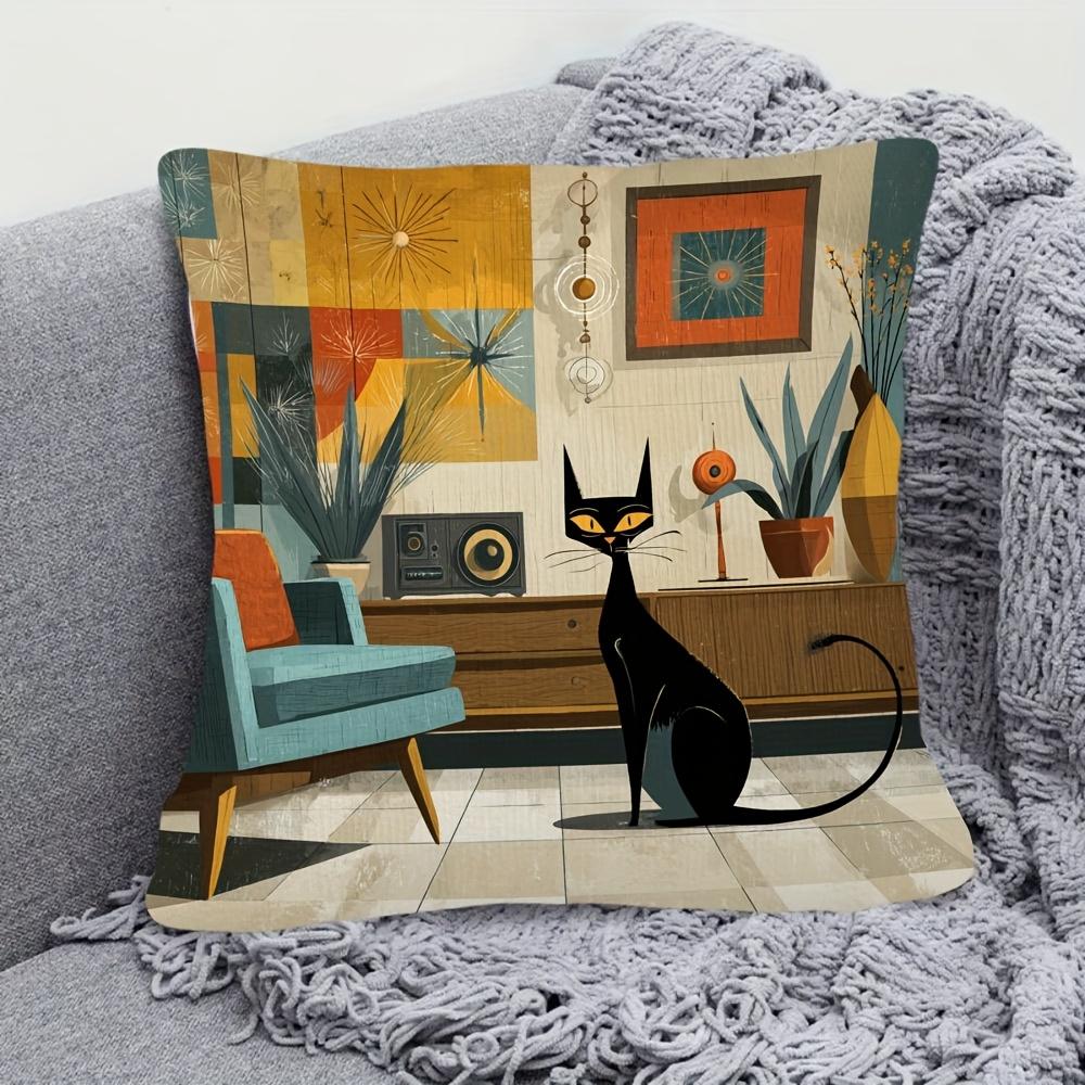 1Pc Of Short Plush Decorative Pillow Cover Featuring An Atomic Cat Design In Mid-Century Modern Style, With Single-Sided Printin