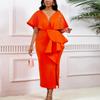 Elegant V Neck Dresses Women Summer Short Sleeve Ruffles Split Ankle Length Beaded Luxury Female Party Dress