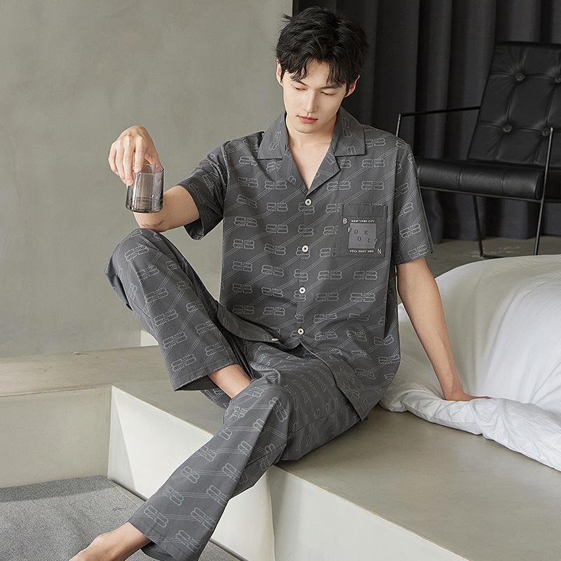 Pajamas Men's Summer Cotton Short Sleeve Pants Set Thin Men's Large Size High-end Fashion Alphabet Homewear
