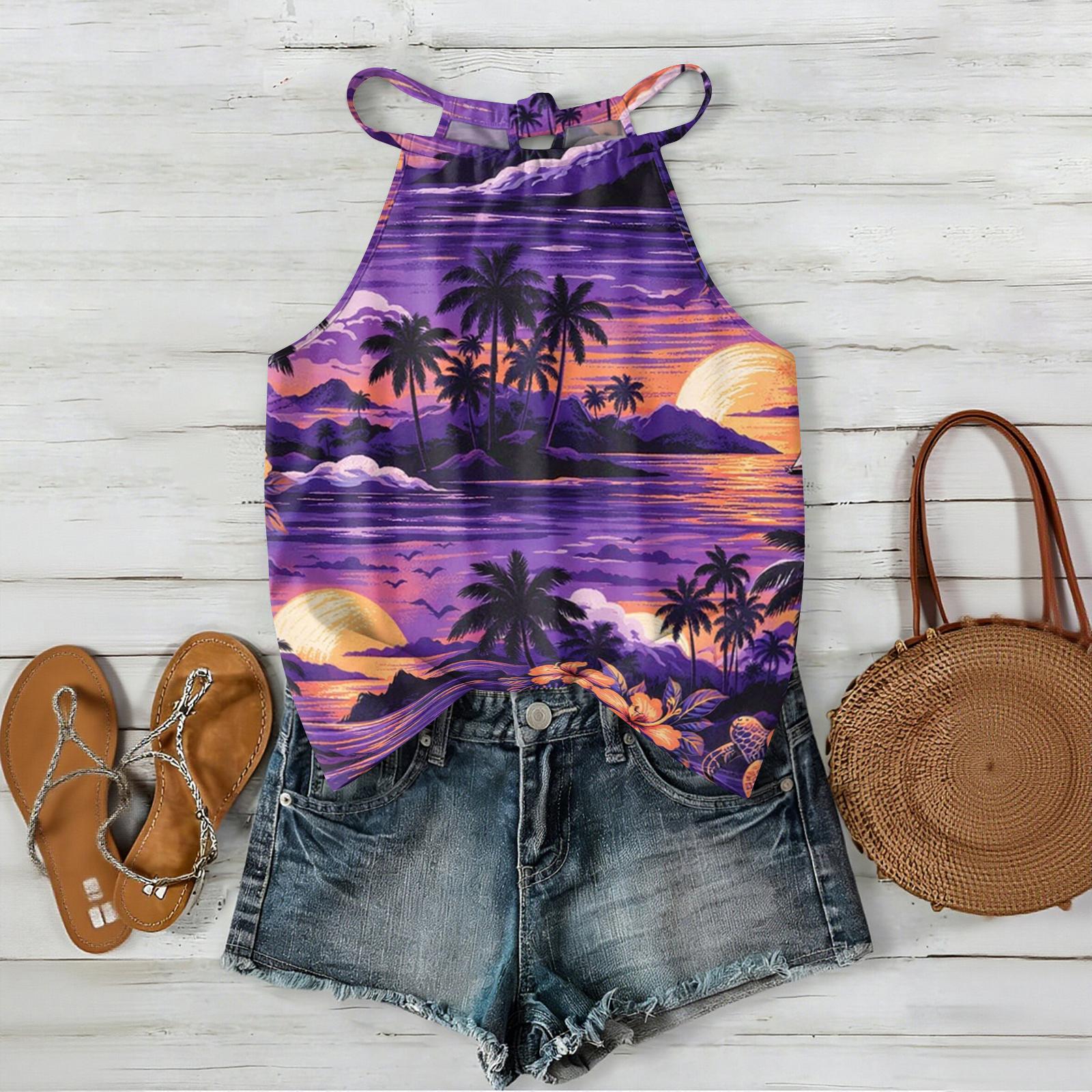 

Women s Bohemian Floral Print Sleeveless Tank Top Summer Casual Beachwear Lightweight Loose Fit Blouse with Adjustable Straps XL фіолетовий