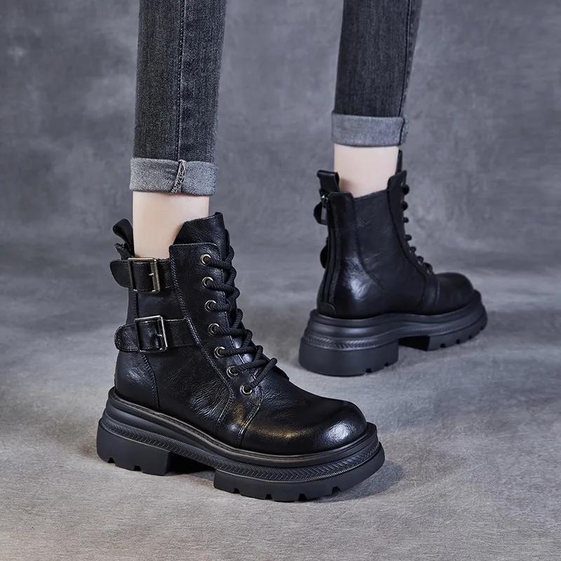 6CM Women Mid Calf Boots 2024 Autumn Winter Quality Genuine Leather Thick High Heel Platform Wide Head Lace-Up Retro Boots