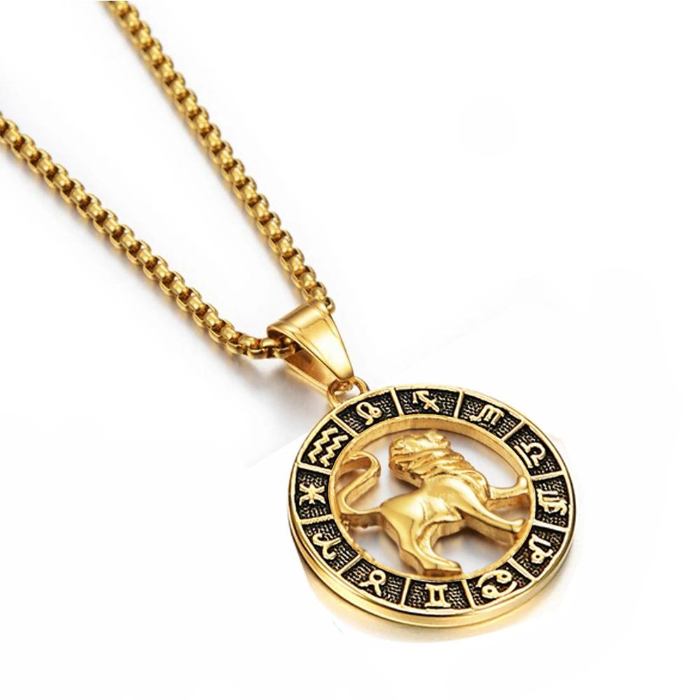 Gold Stainless Steel Zodiac Necklace Leo Scorpio Pendant for Women Men 12 Constellation Round Charm Jewelry Gift
