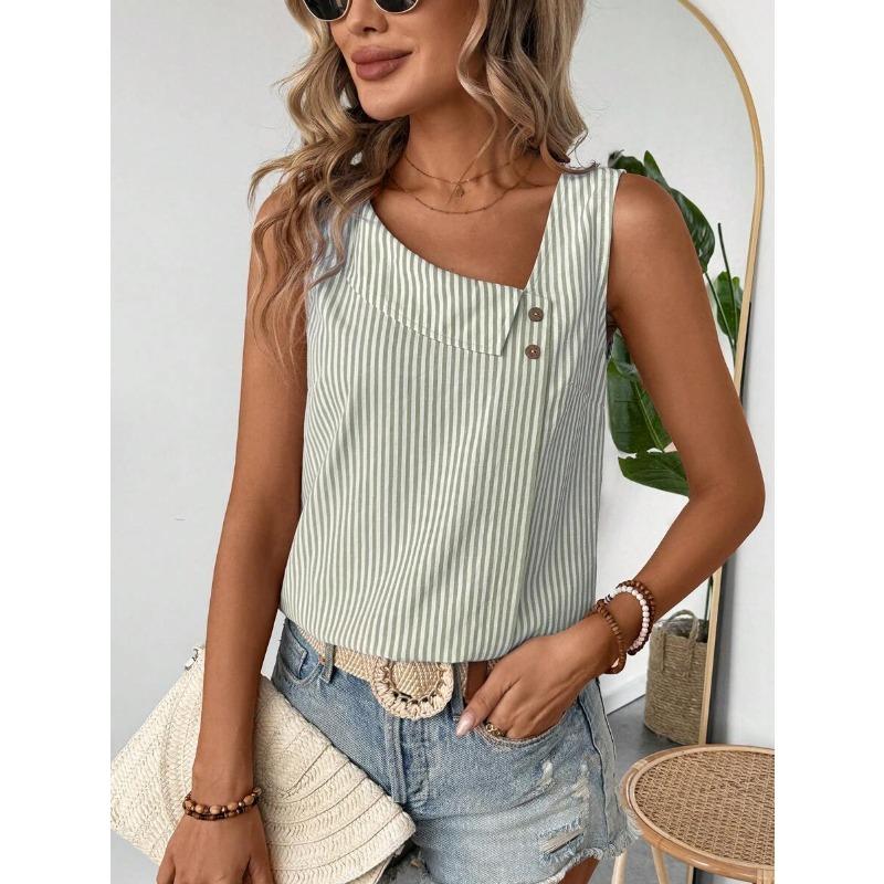 Ärmellose Gestreifte Schräger Halsausschnitt Damenbluse Neues Damen Casual Lockeres Oberteil Einfach Elegant Mode Süßes Büro-T-Shirt Streetwear Knöpfe Kleidung