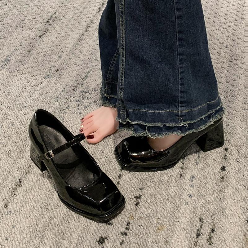 Fashion Mary Jane Single Shoes Women's New Autumn Patent Leather Square Toe Shallow Mouth One Strap Non-Slip Block Heel Pump Shoes