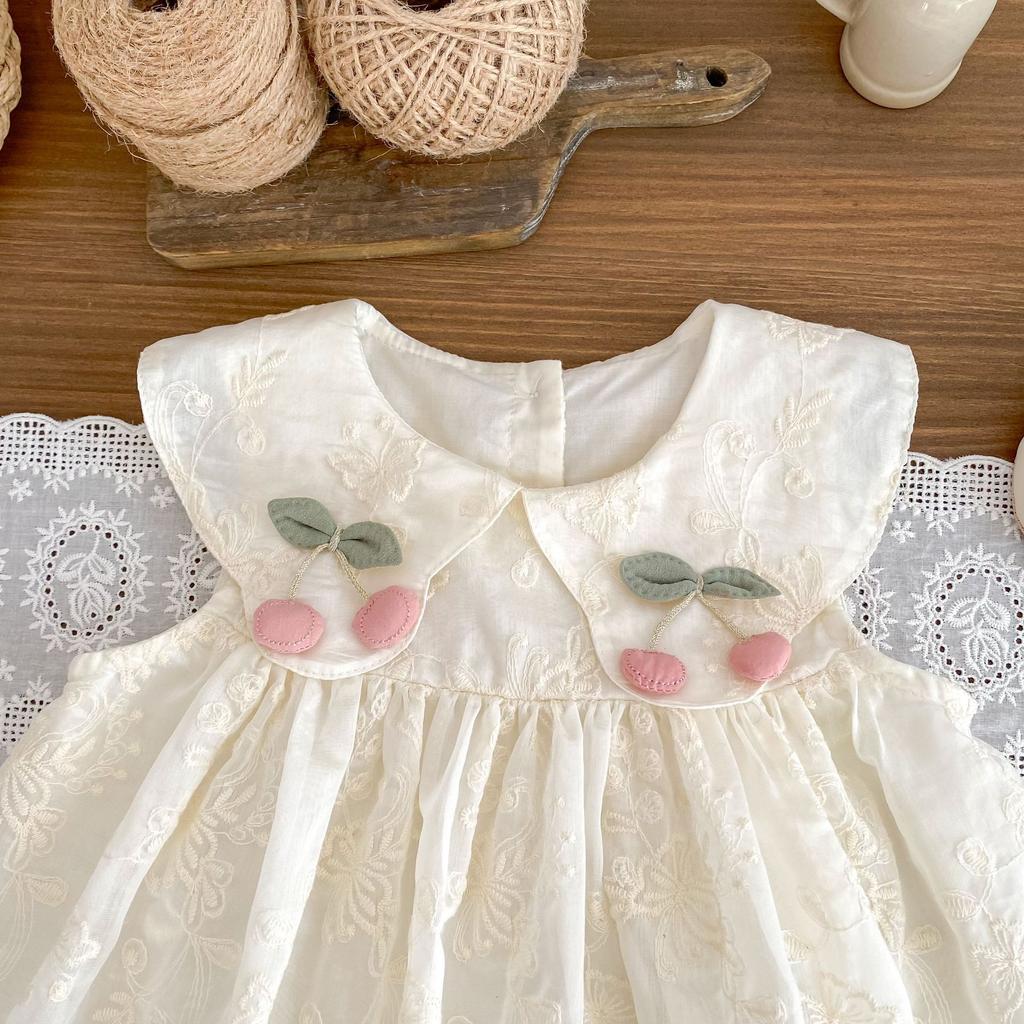 Girls Summer Sweet Floral Embroidered Sleeveless Ruffled Dress