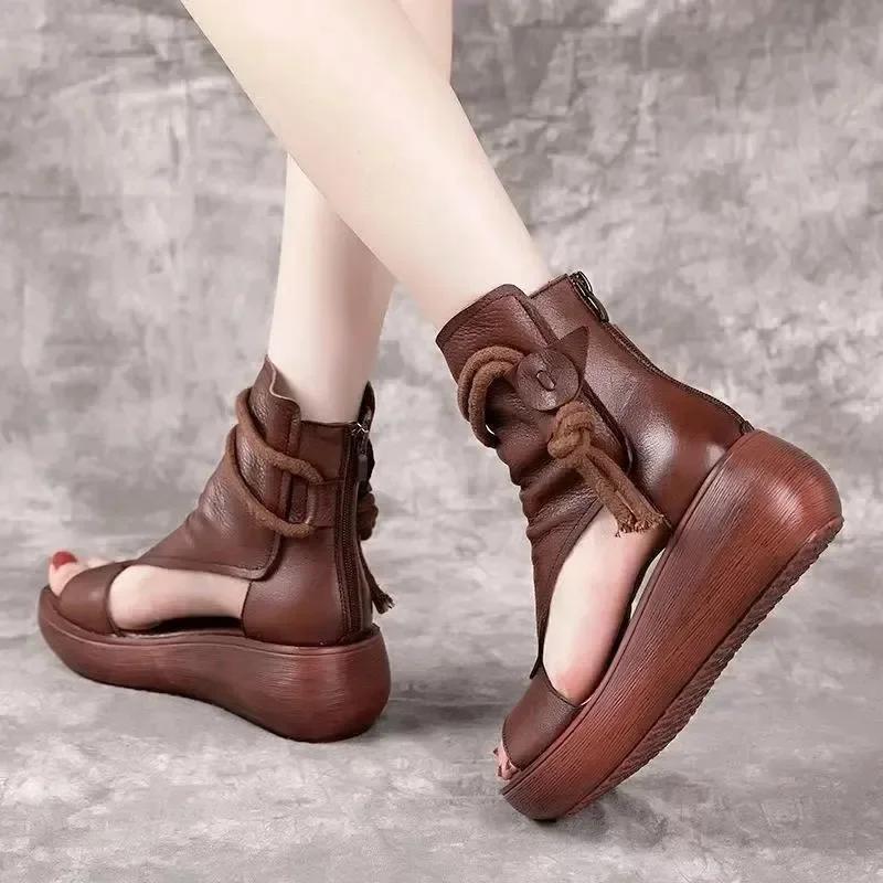 Vintage PU Leather Cool Boots Leisure Women Sandals Summer Mid Heels Wedges Shoe Sandalias Mujer Size 35-42
