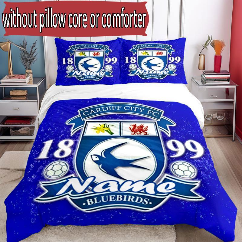 3pcs Duvet Cover Set (1*Duvet Cover + 2*Pillowcase, Without Core), Custom Name Cardiff City FC Pattern Bedding Set, Home Bedroom Decor Gift