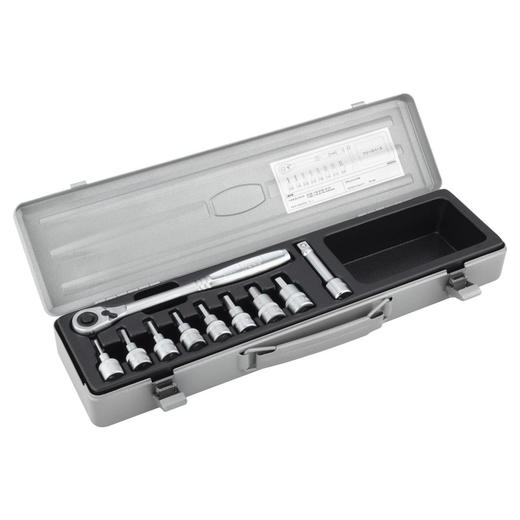 TONE Hexagon Socket Wrench Set Set HB3082, 9.5mm (3/8") Drive, Silver, 10-Piece